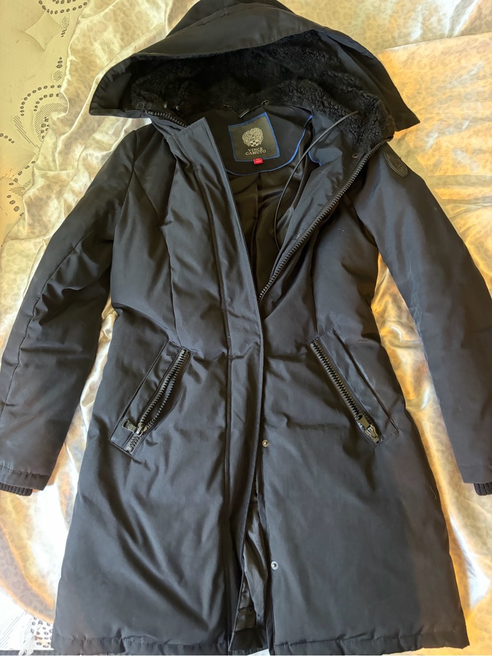 Vince Camuto Black Hooded Long Puffer Coat with Zip Pockets